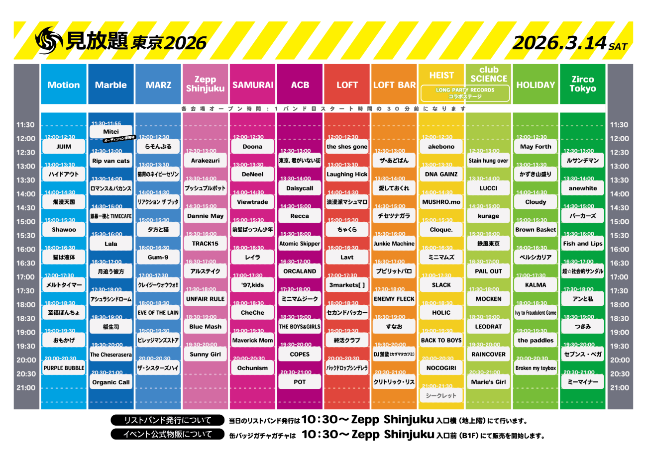 愛しておくれ / Ivy to Fraudulent Game / アシュラシンドローム / Atomic Skipper / Arakezuri / アルステイク / アンと私UNFAIR RULE / anewhite / 稲⽣ 司 / EVE OF THE LAIN / ENEMY FLECK / Organic Call / Ochunism / おもかげ / ORCALANDかずき⼭盛り / Gum-9 / KALMA / 銀幕⼀楼とTIMECAFE / クリトリック・リス / クレイジーウォウウォ!! / Cloudy / COPESザ・あどばん / The Cheserasera / the shes gone / ザ・シスターズハイ / Sunny Girl / the paddles / THE BOYS&GIRLSJIJIM / ⾄福ぽんちょ / Shawoo / Junkie Machine / 終活クラブ / すなお / 3markets[ ] / セカンドバッカー / セブンス・ベガDannie May / CheChe / チセツナガラ / ちゃくら / 超☆社会的サンダル / ⽉追う彼⽅ / つきみ / DJ禁欲(カザマタカフミ)Daisycall / DeNeel / Doona / 東京、君がいない街  / TRACK15 / '97,kids / 猫背のネイビーセゾン / 猫は液体 / パーカーズPURPLE BUBBLE / ハイドアウト / バックドロップシンデレラ / Viewtrade / ビレッジマンズストア  / Fish and Lipsプッシュプルポット / プピリットパロ / Brown Basket / Blue Mash / Broken my toybox / ペルシカリア / POT前髪ぱっつん少年 / ミーマイナー / ミニマムジーク / May Forth / Maverick Mom / メルトタイマー / ⼣⽅と猫 / Lavtらそんぶる / Laughing Hick / Lala / 爛漫天国 / リアクション ザ ブッタ / Rip van cats / ルサンチマン / レイラ / Reccaロマンス＆バカンス / 浪漫派マシュマロ LONG PARTY RECORDSコラボステージakebono / kurage / Cloque. / Stain hung over / SLACK / DNA GAINZ / 鉄⾵東京 / NOCOGIRI / PAIL OUTBACK TO BOYS / HOLIC / Marie's Girl / ミニマムズ / MUSHRO.mo / MOCKEN / LUCCI / RAINCOVER / LEODRAT│見放題東京2026