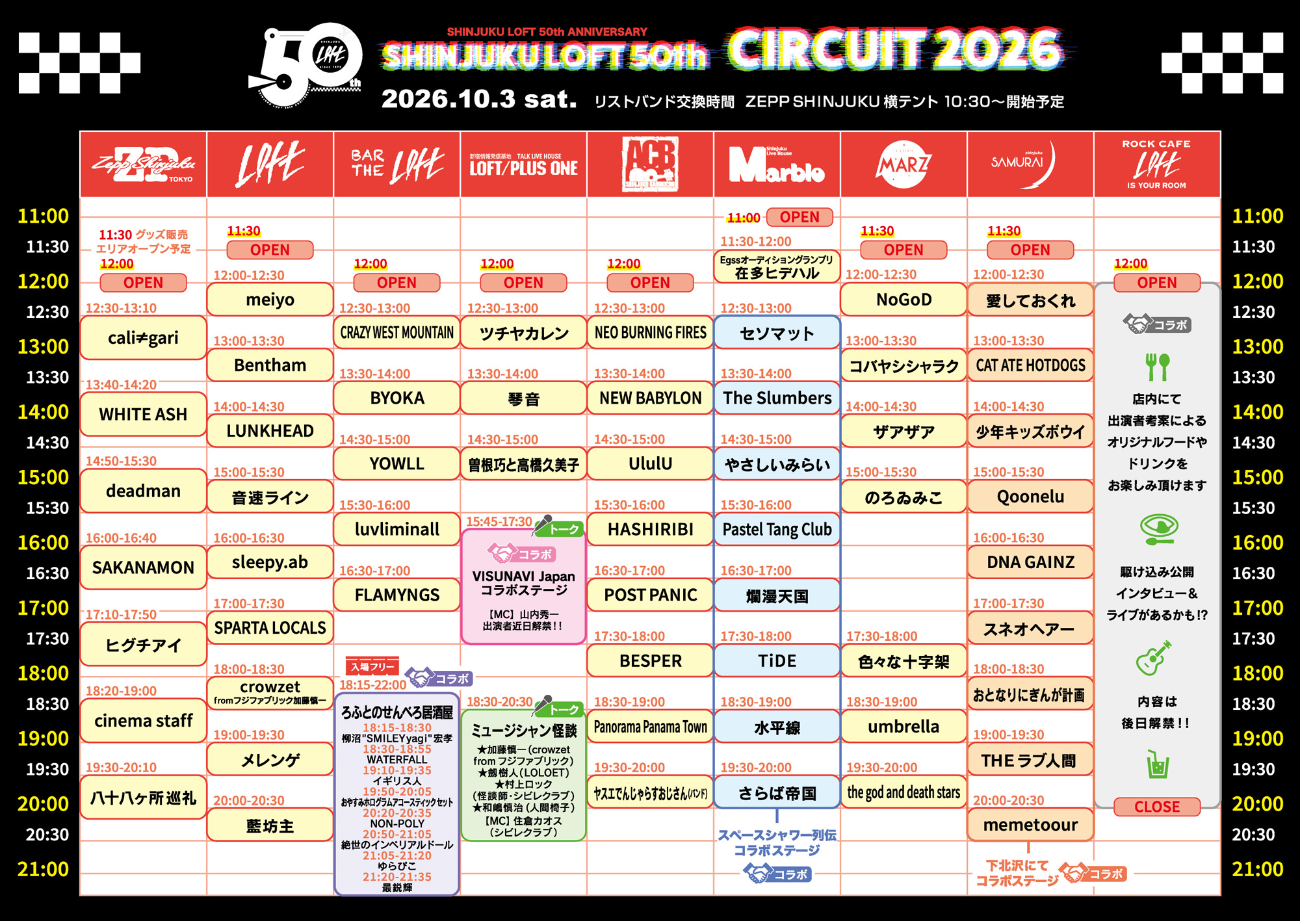 【第一弾】cali≠gari / SAKANAMON / deadman / NEO BURNING FIRES / LUNKHEAD / ヤスエでんじゃらすおじさん (バンド)【第二弾】umbrella / 色々な十字架 / Panorama Panama Town / WHITE ASH / FLAMYNGS / YOWLL【第三弾】crowzet (加藤慎一 from フジファブリック) / コバヤシシャラク / SPARTA LOCALS / のろゐみこ / meiyo / メレンゲ【第四弾】藍坊主 / UlulU / the god and death stars / sleepy.ab / 梟→出演キャンセルとなりました / Bentham / luvliminall【第五弾】音速ライン / cinema staff / 曽根巧と高橋久美子(ギターと朗読) / NoGoD / ヒグチアイ / POST PANIC (from-韓国)&nbsp; 【第六弾】CRAZY WEST MOUNTAIN / 琴音 / ザアザア / ツチヤカレン / HASHIRIBI / BESPER / BYOKA【第七弾】〈下北沢にて ステージ〉CAT ATE HOTDOGS / DNA GAINZ / memetoour / Qoonelu / THEラブ人間 / おとなりにぎんが計画 / スネオヘアー / 愛しておくれ / 少年キッズボウイ〈スペースシャワー列伝 ステージ〉さらば帝国 / セソマット / The Slumbers / 爛漫天国 / 水平線 / TiDE / やさしいみらい / Pastel Tang Club〈ろふとのせんべろ居酒屋 ステージ〉ゆらぴこ / 最鋭輝 / SMILEY yagi“宏孝 (司会) / WATERFALL (from-⻘森県弘前市) / イギリス人 / おやすみホログラムアコースティックセット / NON-POLY. / 絶世のインペリアルドール【第八弾】NEW BABYLON / 在多ヒデハル (Eggs オープニングアクトオーディショングランプリ)〈トークコラボステージ〉「VISUNAVI Japan」MC：山内秀一　トーク出演者後日解禁「ミュージシャン怪談」加藤慎一 (crowzet from フジファブリック)／劔樹人(LOLOET)／村上ロック(怪談師・シビレクラブ） / 和嶋慎治（人間椅子) 　MC：住倉カオス（シビレクラブ）【最終】八十八ヶ所巡礼